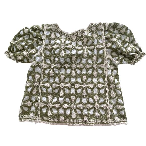 Anthropologie Solitaire Floral Green and White Puff Sleeve Crochet Top L - Picture 2 of 6